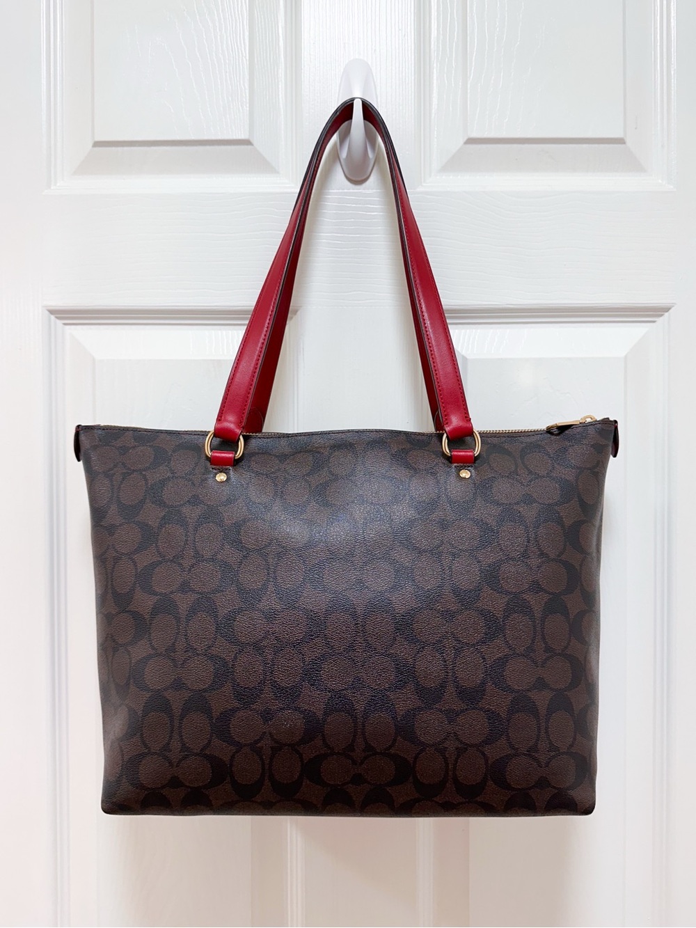 Coach Gallery Tote Bag Signature Coated Canvas Brown Crimson Red 79609 - Picture 5 of 16